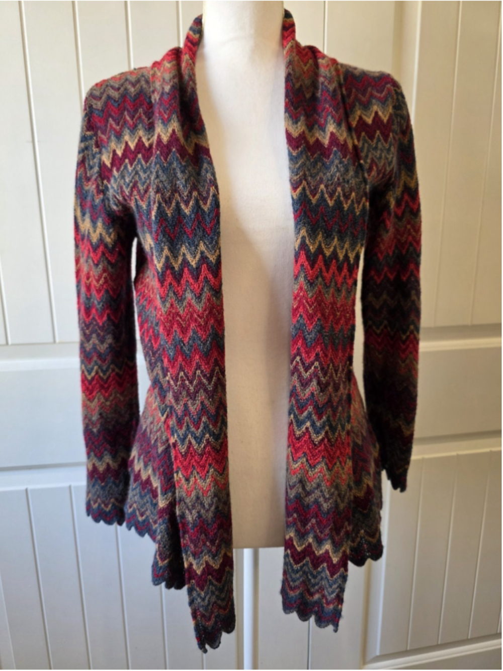 Factoria Paty Baby Alpaca Cardigan Sweater Sz S Chevron Open Front Bright Boho
